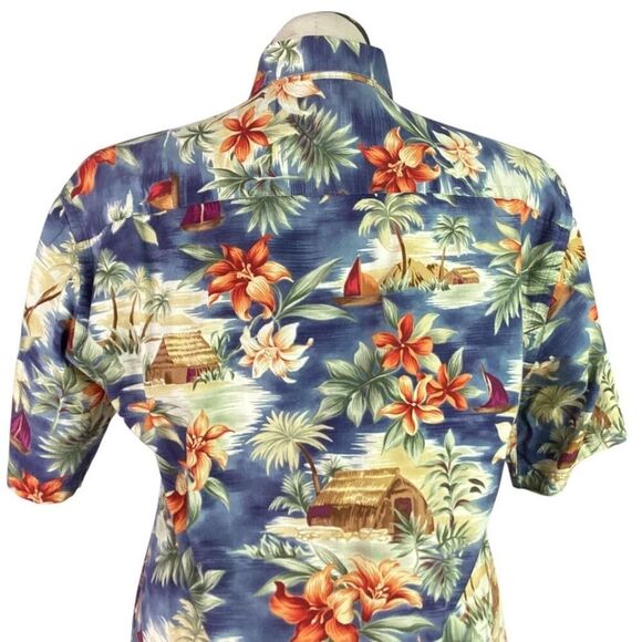 Pierre Cardin Hawaiian Camp Shirt Men M Blue Short Sleeve Floral Island Palm VTG - Picture 6 of 7
